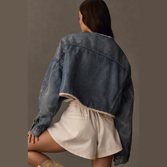 NEW Denimist - Size XXS, Oversized Cropped Sherpa-Lined Denim Jacket, Denim Dark - Picture 2 of 4